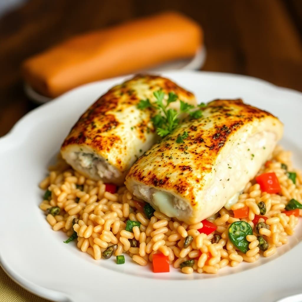 Garlic Parmesan Chicken Rollatini with Roasted Veggie Orzo