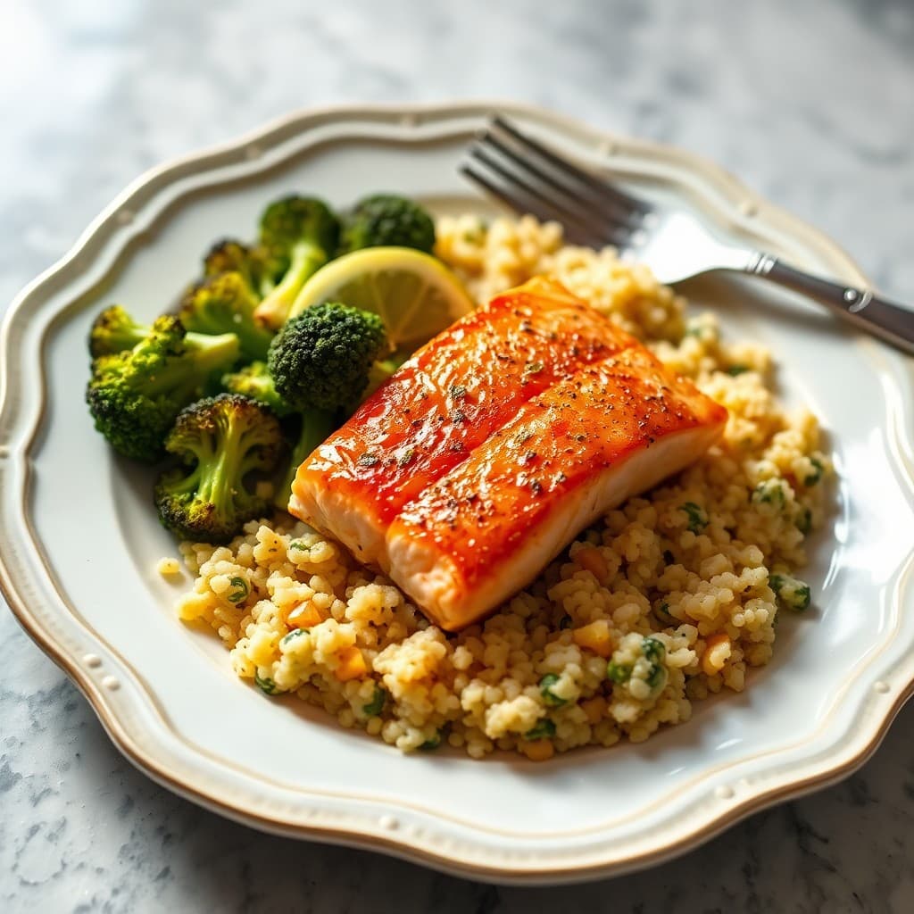 Seared Ginger-Garlic Salmon with Roasted Lemon-Herb Broccoli and Quinoa Pilaf