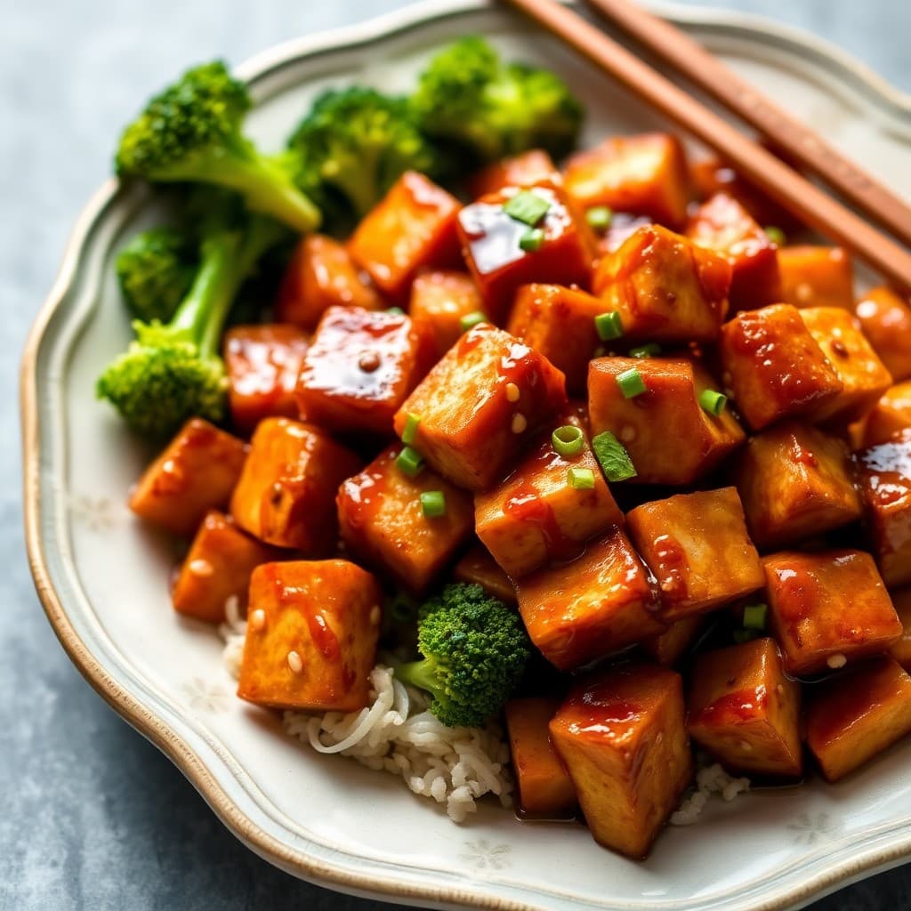 Teriyaki Glazed Tofu Stir-Fry with Steamed Broccoli