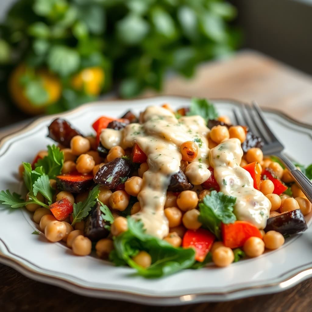 Roasted Vegetable and Chickpea Salad with Lemon Tahini Dressing