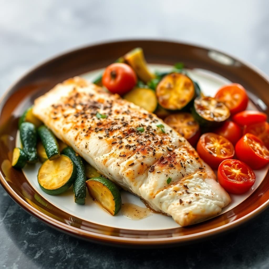 Seared Garlic Herb Tilapia with Roasted Zucchini and Tomatoes