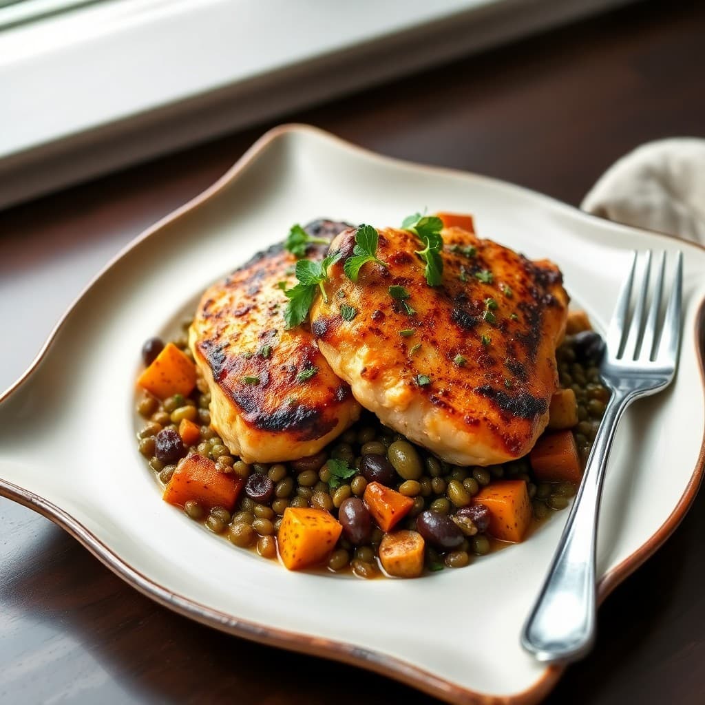 Provençal Lentil & Roasted Vegetable Tapenade with Pan-Seared Chicken Thighs