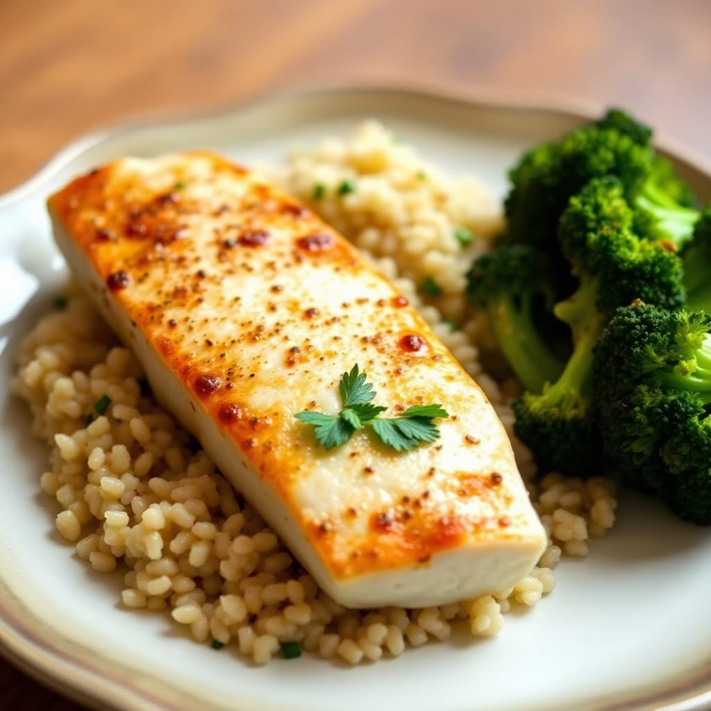 Seared Chili-Lime Mahi-Mahi with Garlic Roasted Broccoli and Quinoa Pilaf