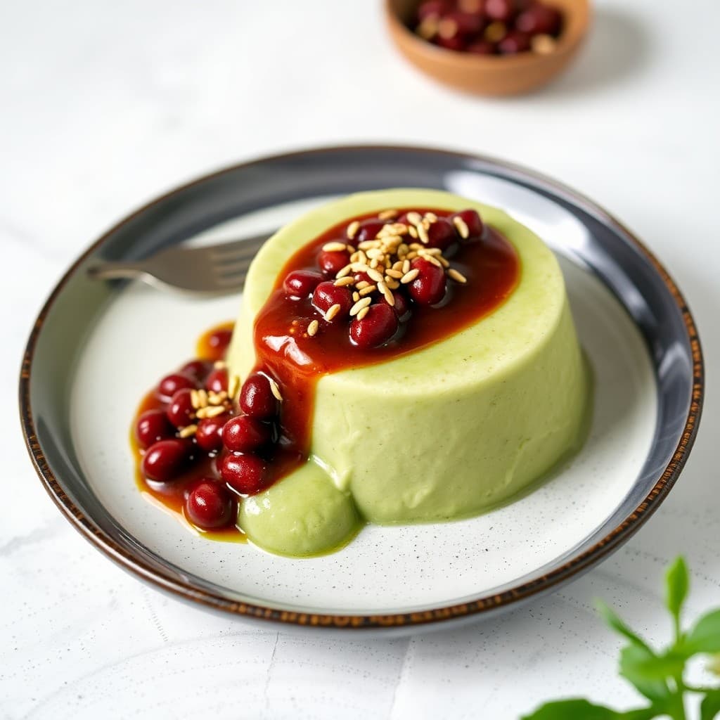 Japanese Matcha-Black Sesame Panna Cotta with Adzuki Bean Coulis