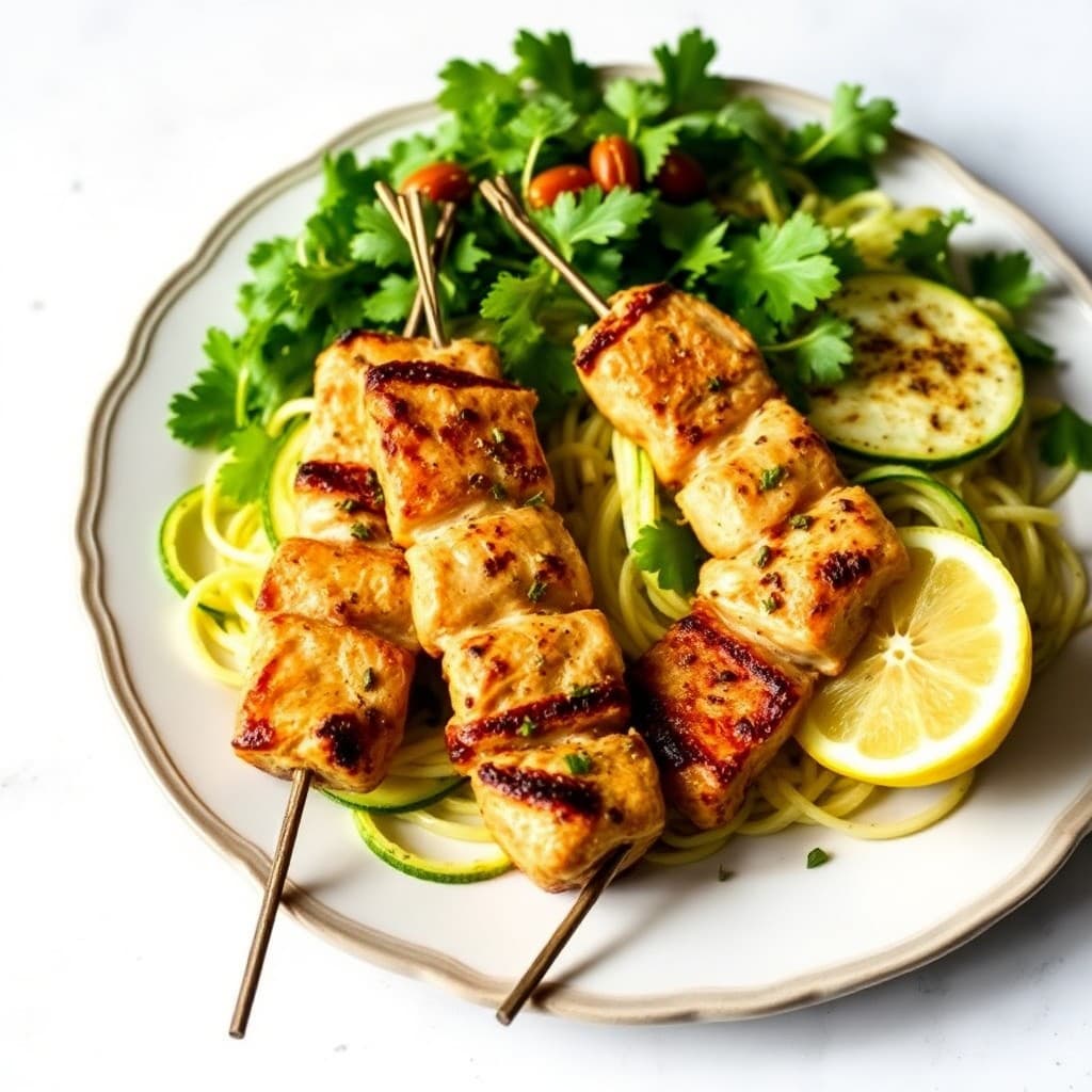 Rosemary Lemon Chicken Skewers with Zucchini Noodle Salad