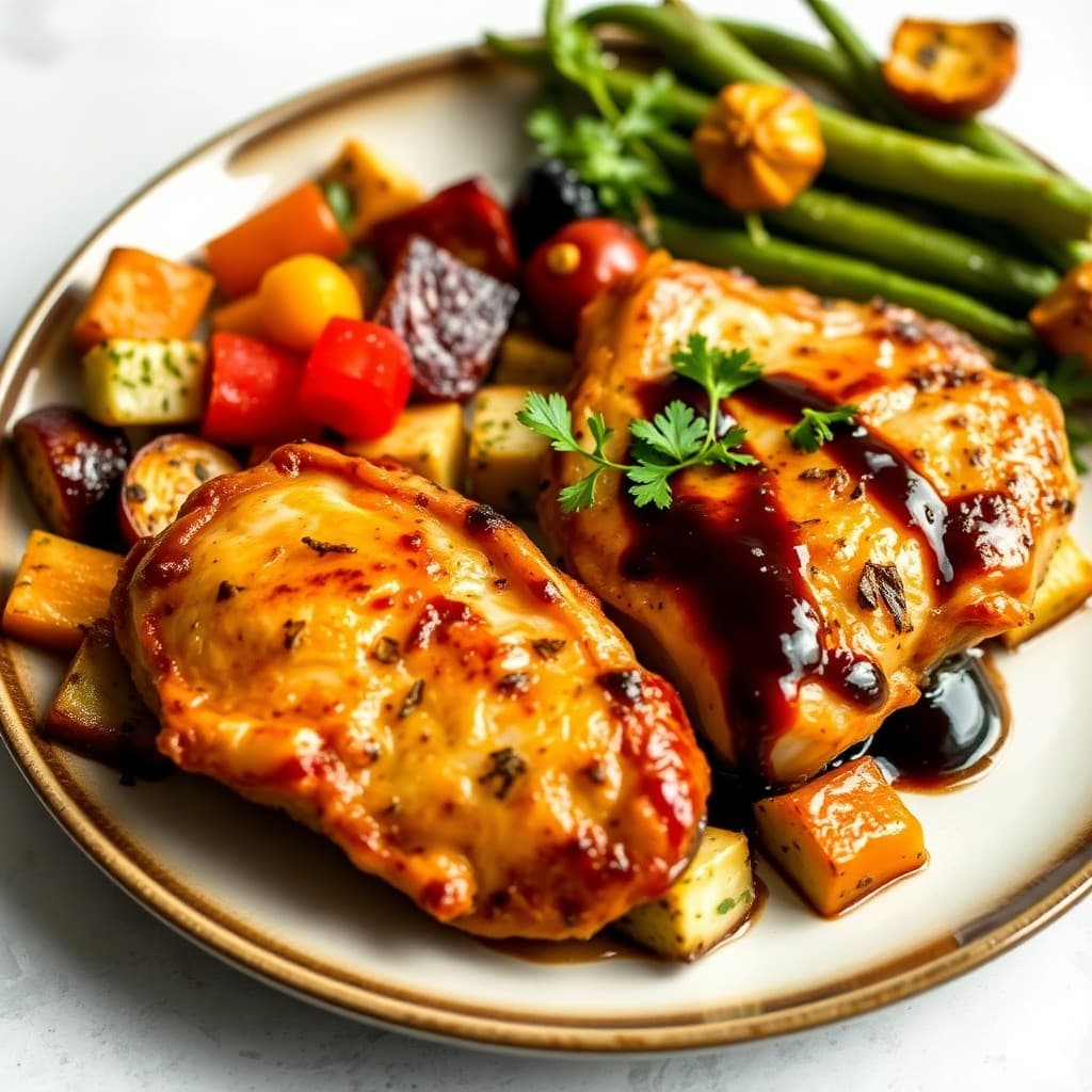 Balsamic Glazed Chicken Thighs with Roasted Vegetable Medley