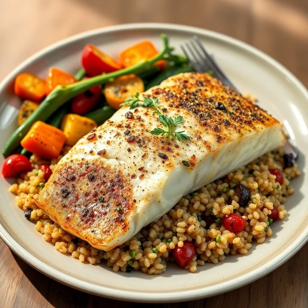 Mediterranean Baked Sea Bass with Herb Quinoa and Roasted Vegetables