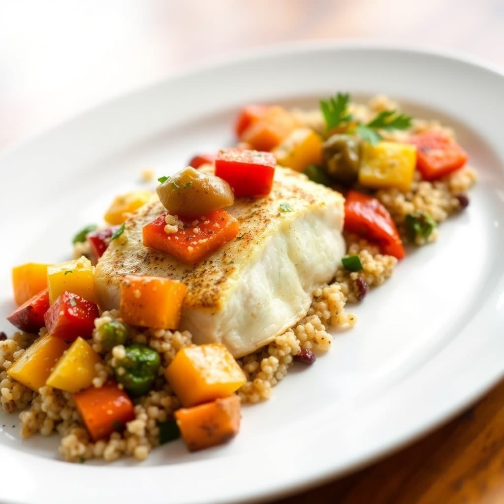 Baked Cod with Roasted Vegetables and Quinoa
