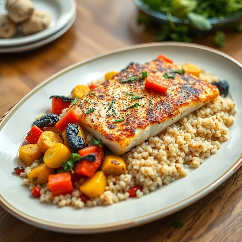 Mediterranean Baked Halibut with Roasted Vegetables and Quinoa