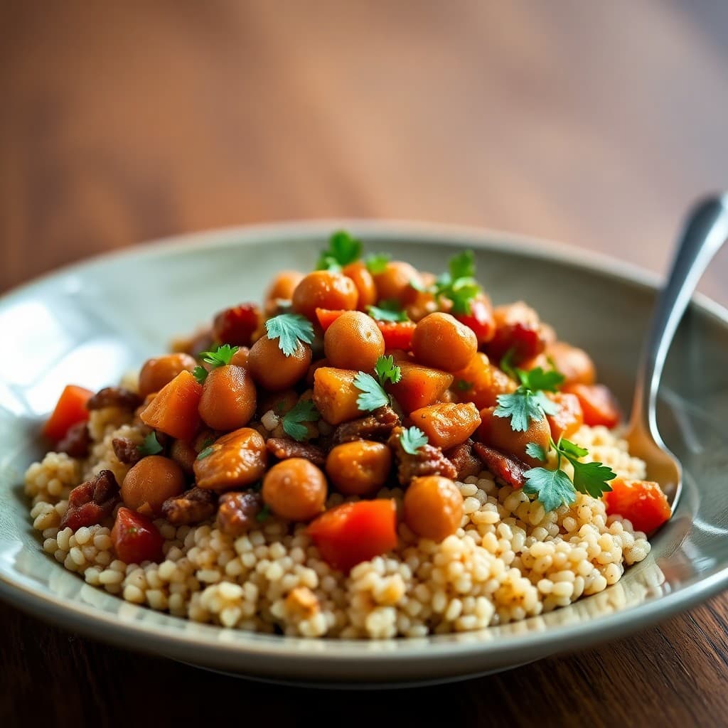 Moroccan-Spiced Seitan & Chickpea Tagine with Herbed Millet