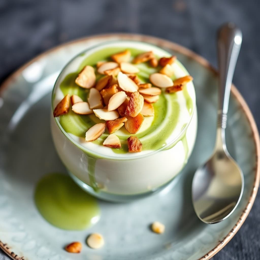 Matcha & White Chocolate Panna Cotta with Candied Ginger Crunch