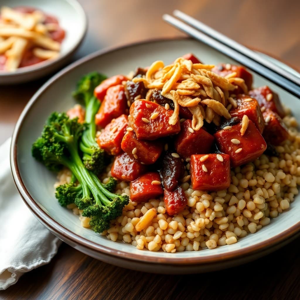 Korean-Inspired Gochujang Seitan & Millet Bowl with Crispy Shallots