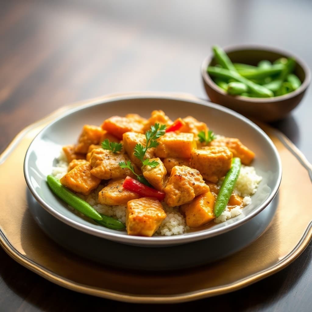 Spicy Thai Coconut Curry Chicken with Steamed Edamame