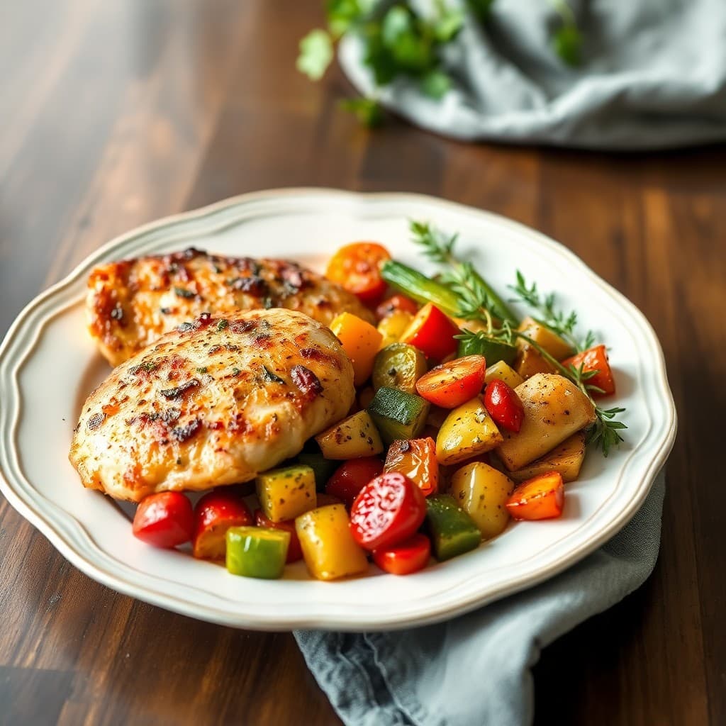 Seared Garlic-Herb Chicken with Roasted Veggie Medley