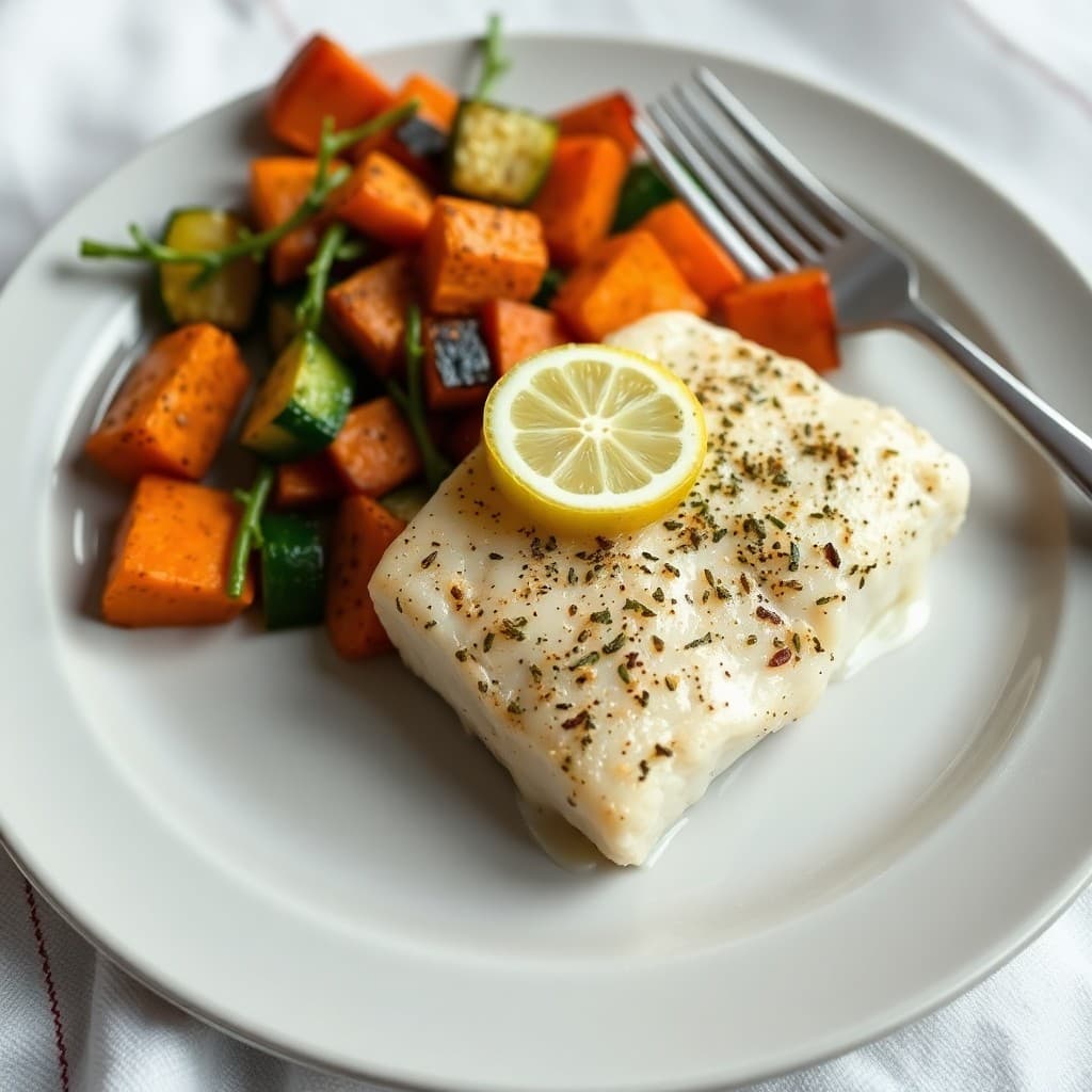Lemon-Herb Baked Cod with Roasted Sweet Potato Medley