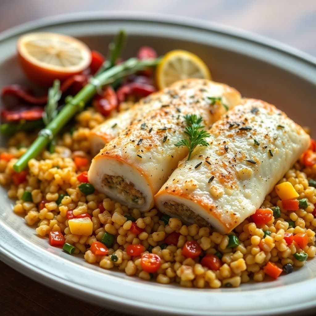 Sicilian Swordfish Involtini with Roasted Vegetable Couscous