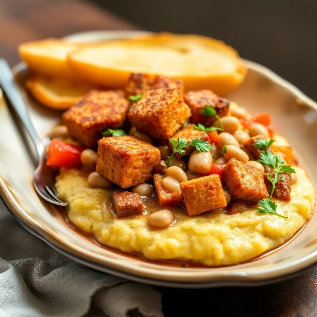 Crispy Tempeh & White Bean Stew with Herb-Infused Polenta
