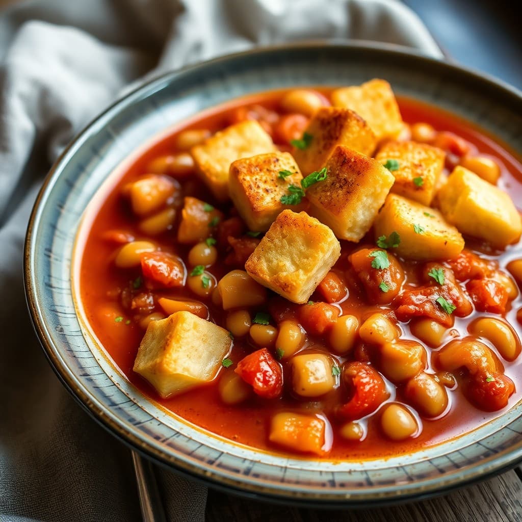 Croatian Butter Bean & Tomato Stew with Crispy Polenta Croutons