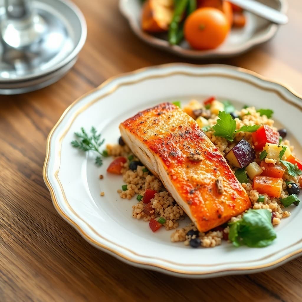Seared Salmon with Roasted Vegetable Quinoa Salad