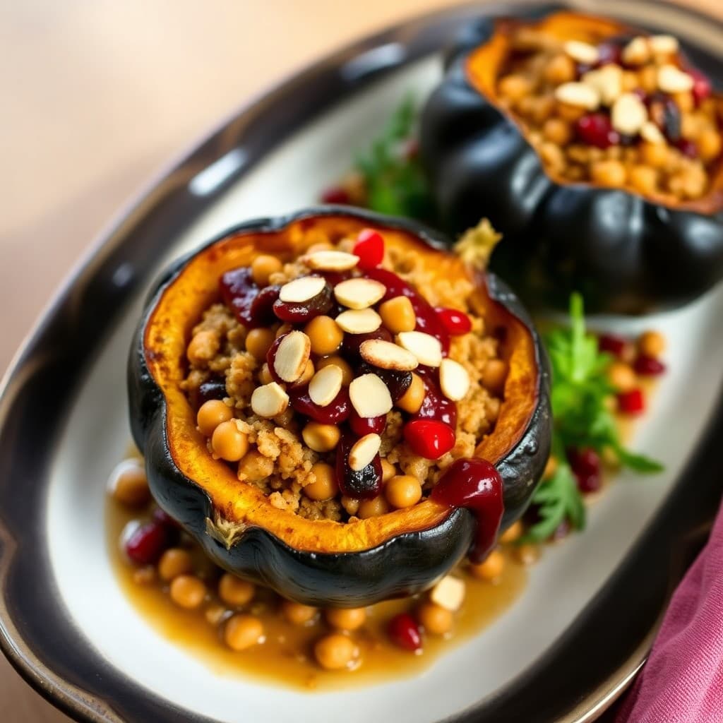 Moroccan-Spiced Chickpea & Bulgur Stuffed Acorn Squash with Pomegranate Glaze