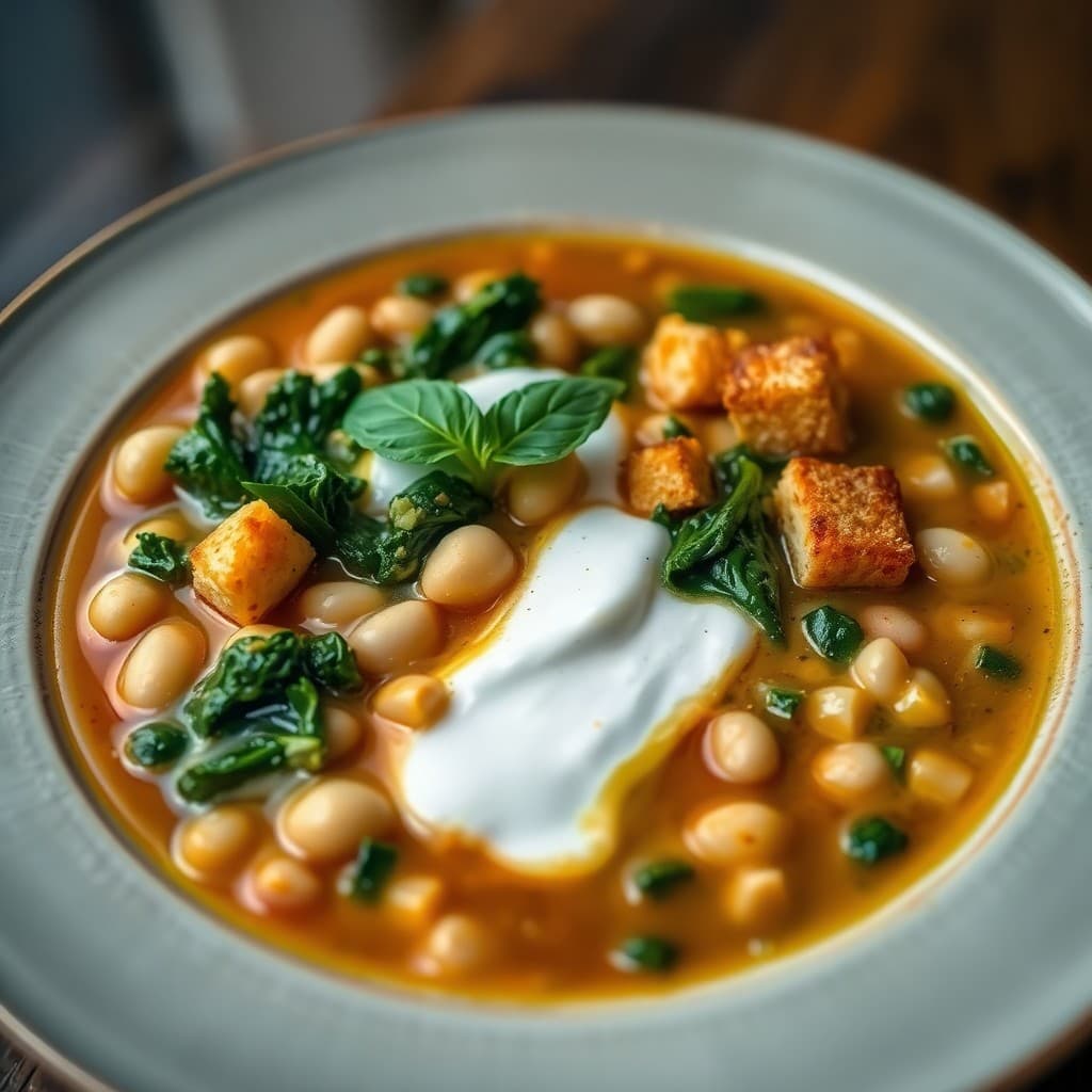 Tuscan White Bean & Kale Soup with Crispy Seitan Croutons