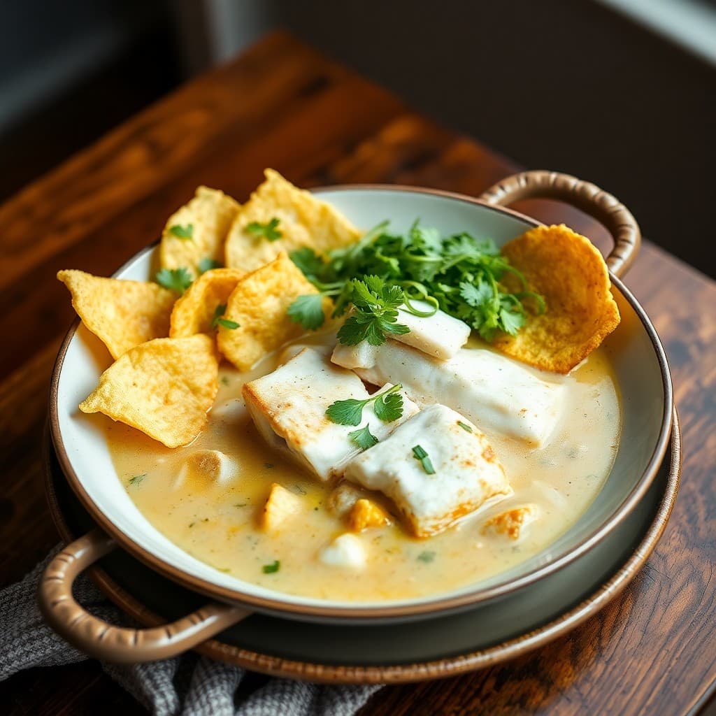 Brazilian Moqueca with Coconut Broth and Crispy Cassava Chips