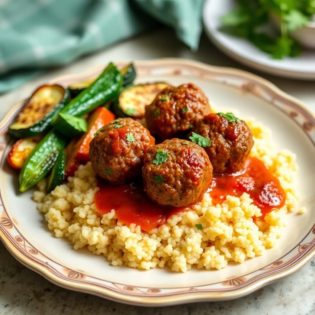 Spicy Moroccan Lamb Meatballs with Couscous and Roasted Veggies