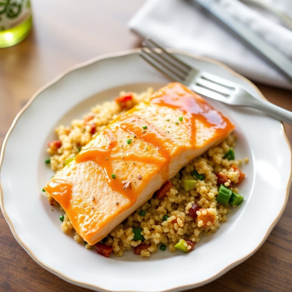 Honey Mustard Salmon with Roasted Veggie Quinoa