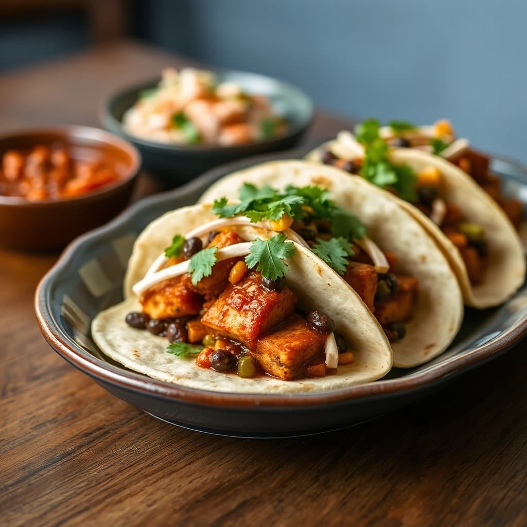 Crispy Tofu & Black Bean Tacos with Spiced Sauce and Charred Corn Slaw