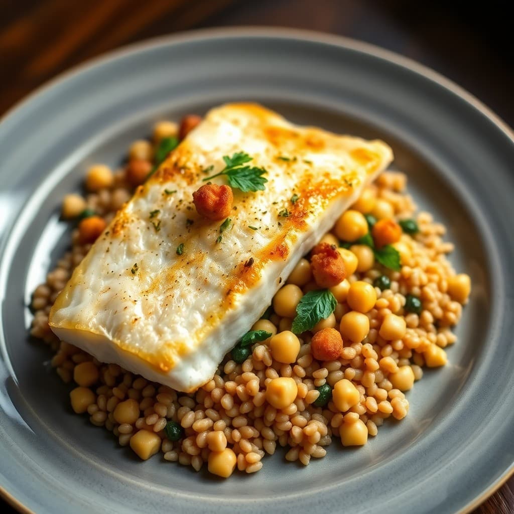 Pan-Seared Sea Bass with Crispy Chickpea Salad & Farro Pilaf
