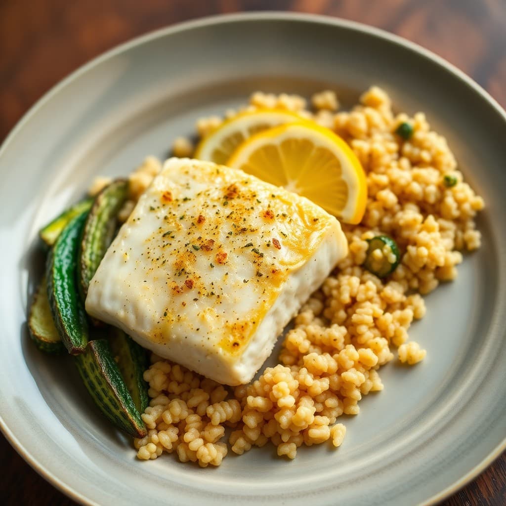 Lemon-Garlic Cod with Roasted Zucchini and Quinoa