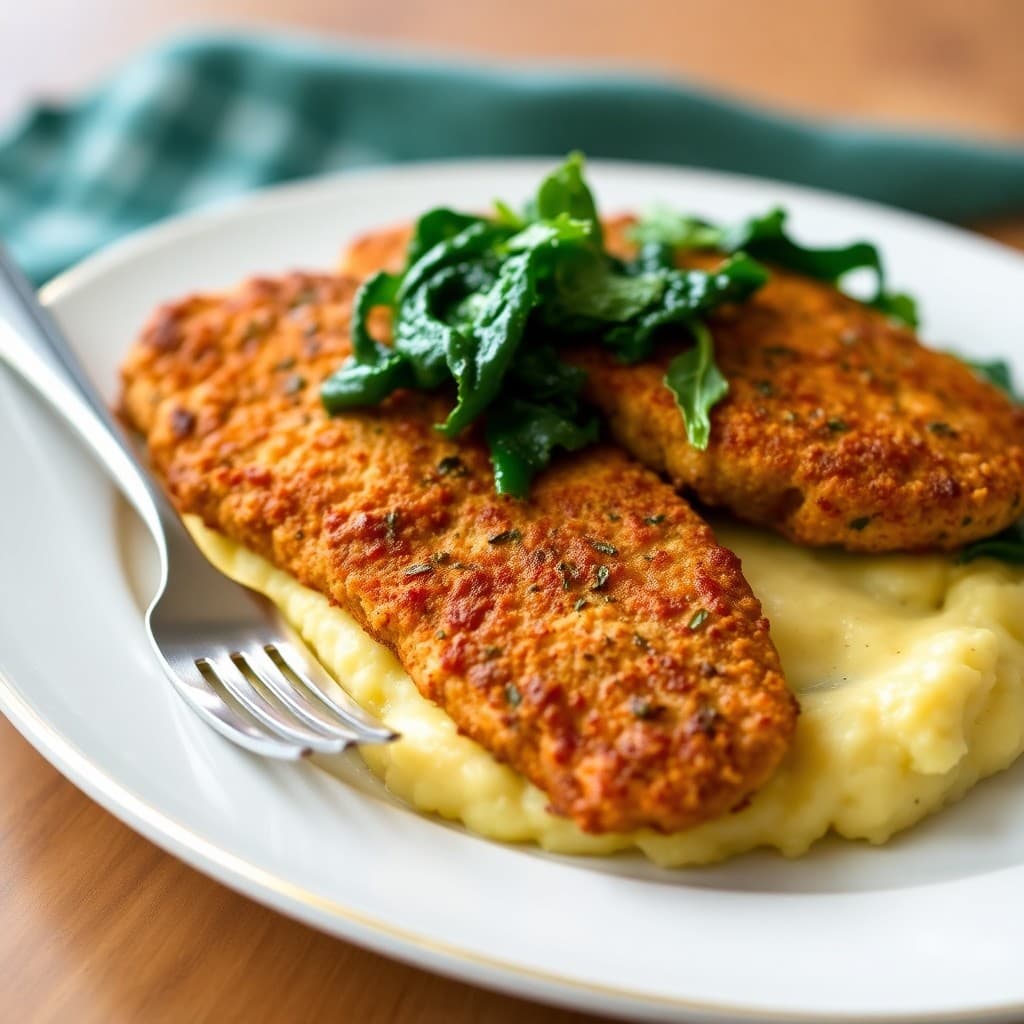 Italian Herb-Crusted Seitan Cutlets with Creamy Polenta & Sautéed Garlic Spinach