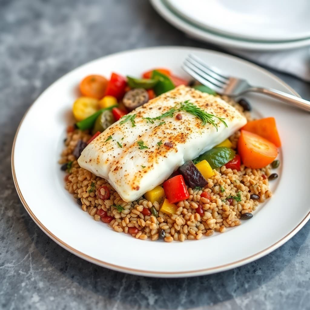 Mediterranean Baked Halibut with Herb-Roasted Vegetables and Farro