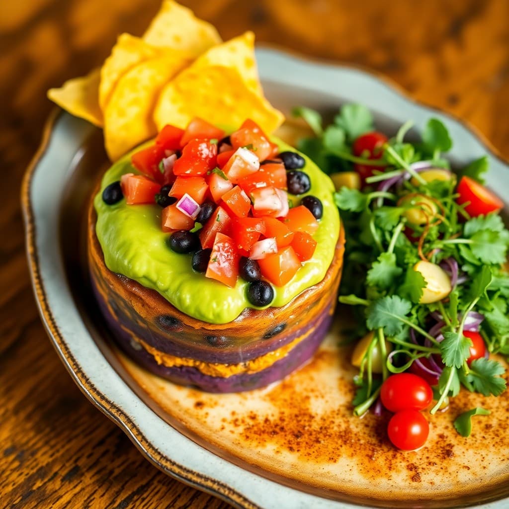 Peruvian Purple Potato & Black Bean Causa with Avocado-Cilantro Mousse