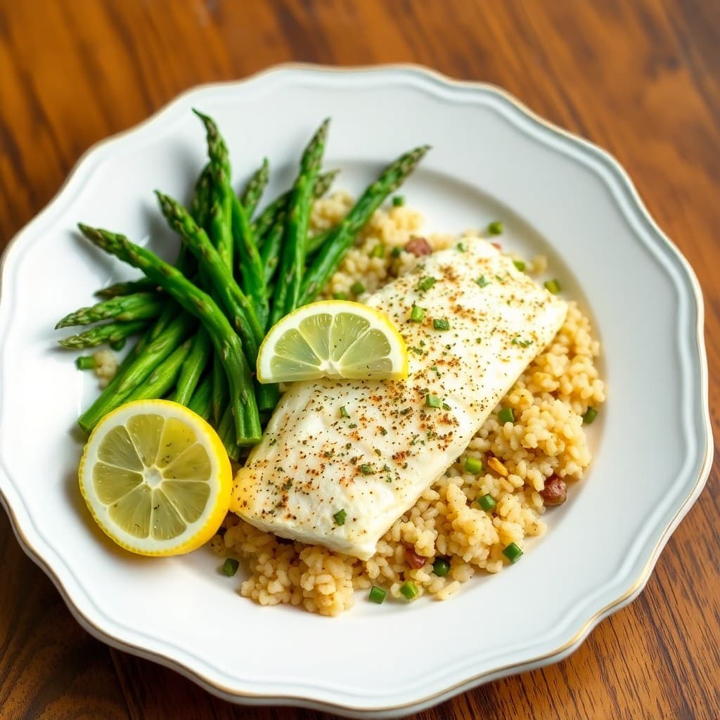 Zesty Lemon-Herb Baked Halibut with Roasted Asparagus and Quinoa