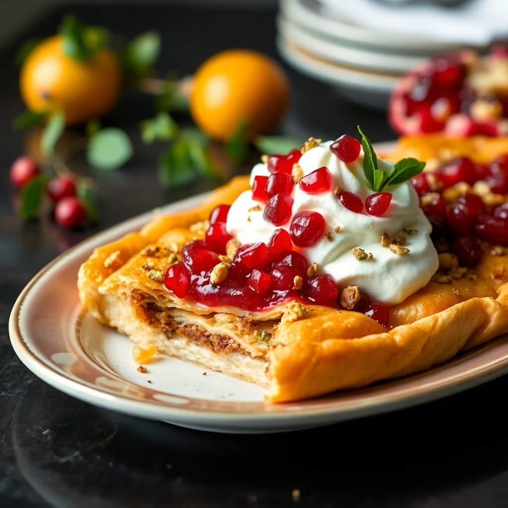 Cardamom-Pistachio Phyllo Tart with Pomegranate Compote