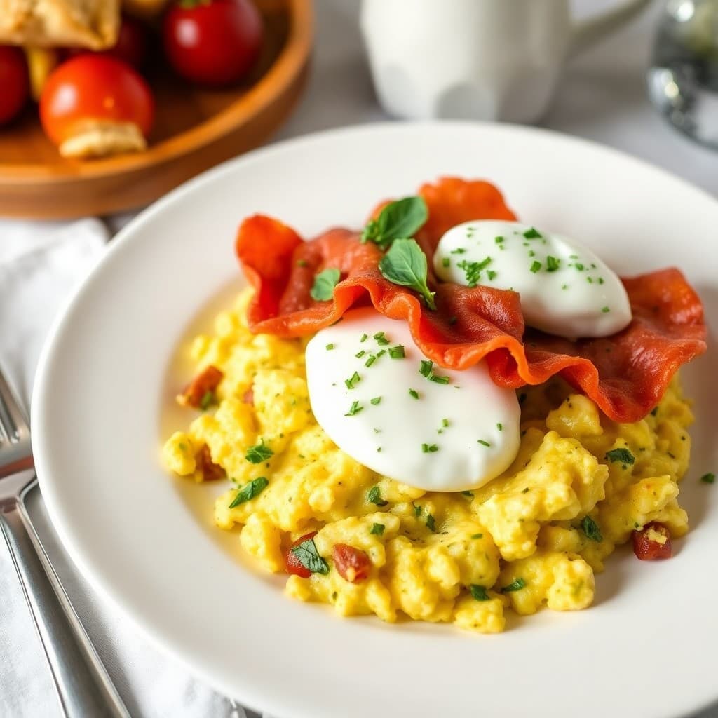 Italian Herb Scrambled Eggs with Crispy Prosciutto & Burrata