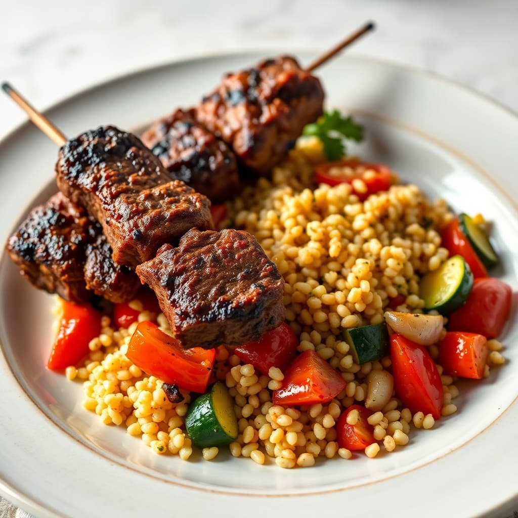 Moroccan Spiced Lamb Skewers with Roasted Vegetable Couscous