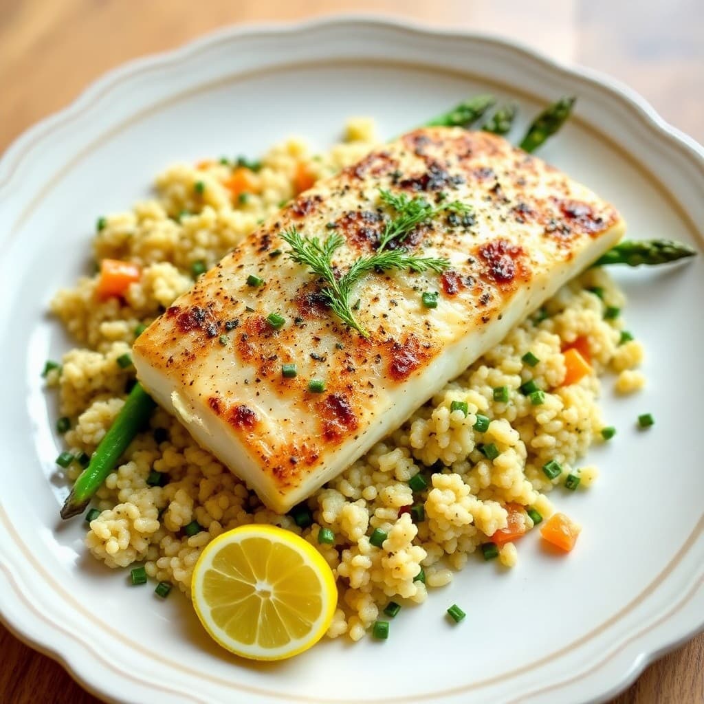 Mediterranean Baked Halibut with Lemon-Herb Quinoa and Roasted Asparagus