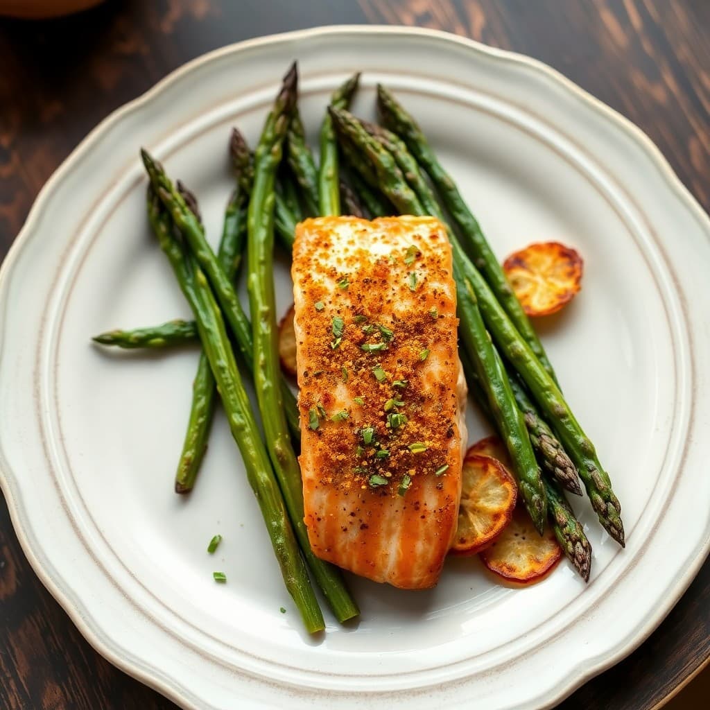 Peruvian Citrus-Crusted Wild Salmon with Charred Asparagus & Cassava Root Chips