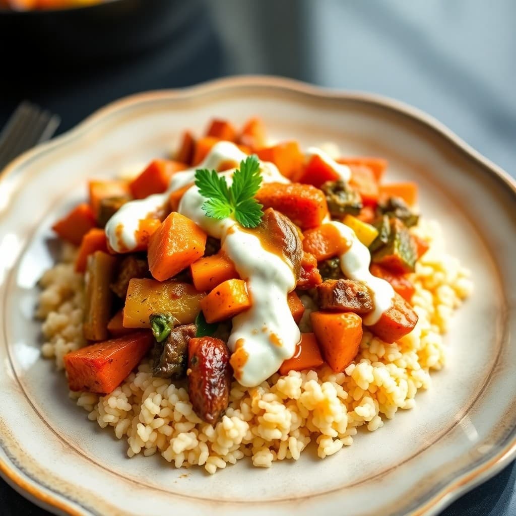 Moroccan Vegetable Tagine with Couscous and Harissa Yogurt