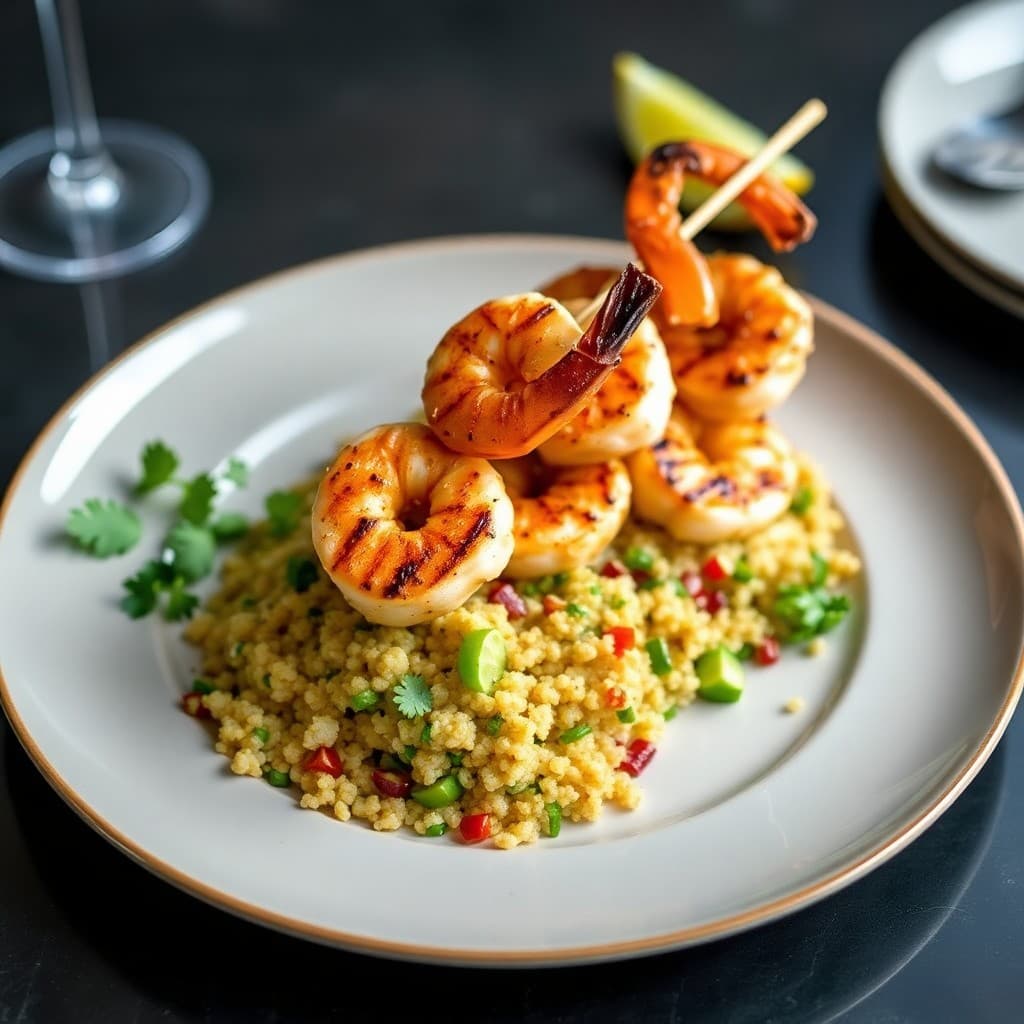 Grilled Chili-Lime Shrimp Skewers with Quinoa Tabbouleh