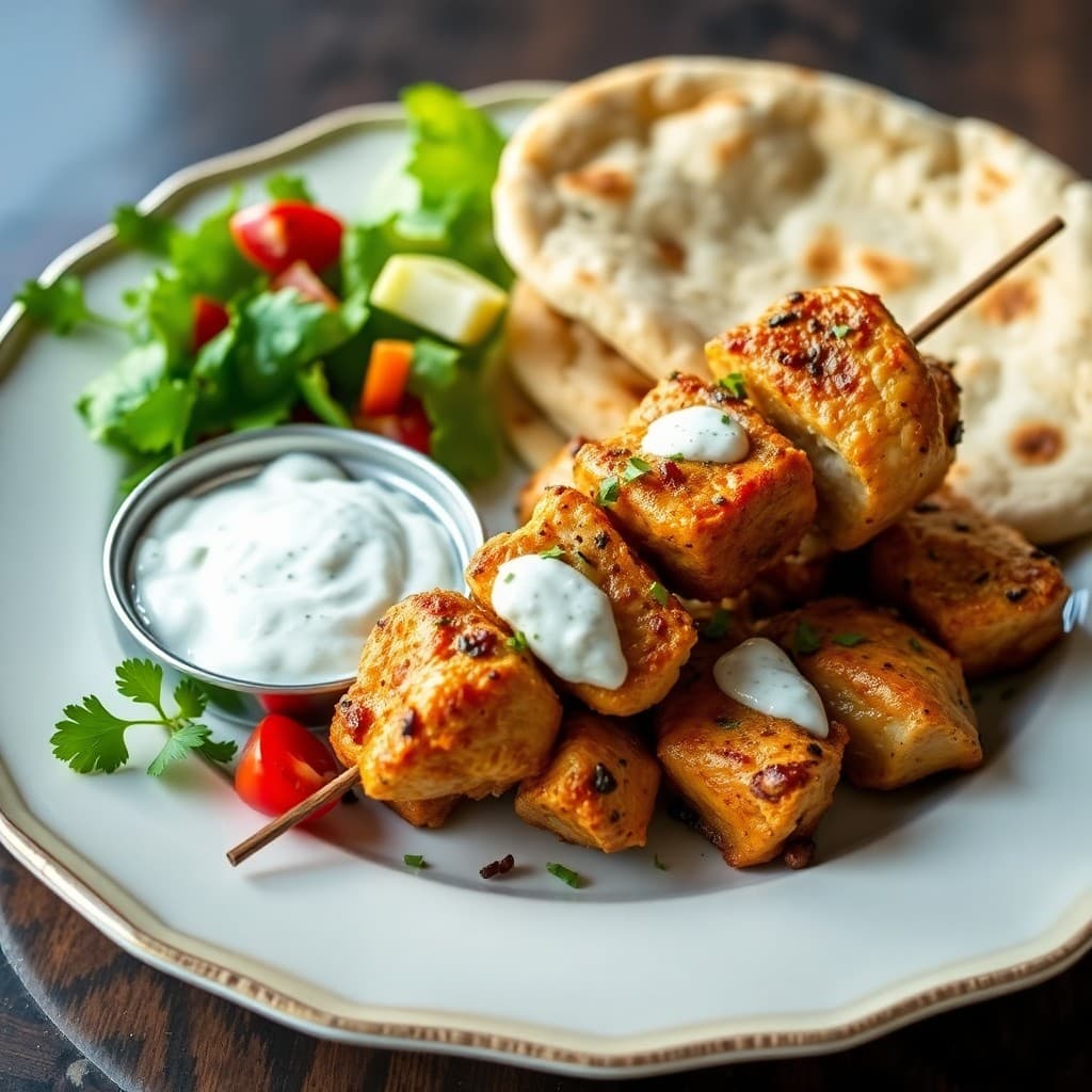 Greek Chicken Souvlaki with Tzatziki and Pita