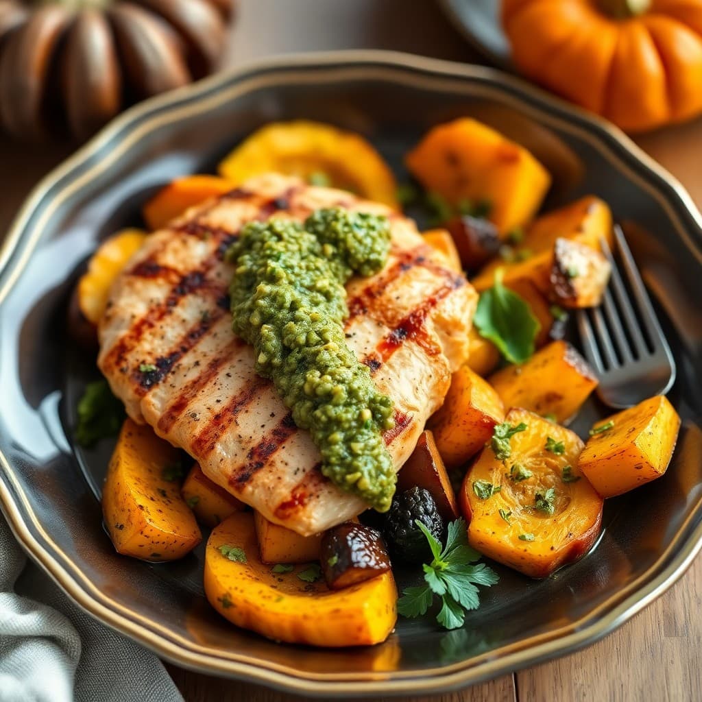 Roasted Autumn Squash with Grilled Chicken and Walnut Pesto