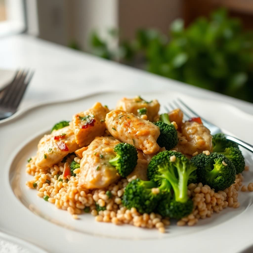 Sizzling Lemon-Herb Chicken Stir-Fry with Roasted Broccoli and Farro