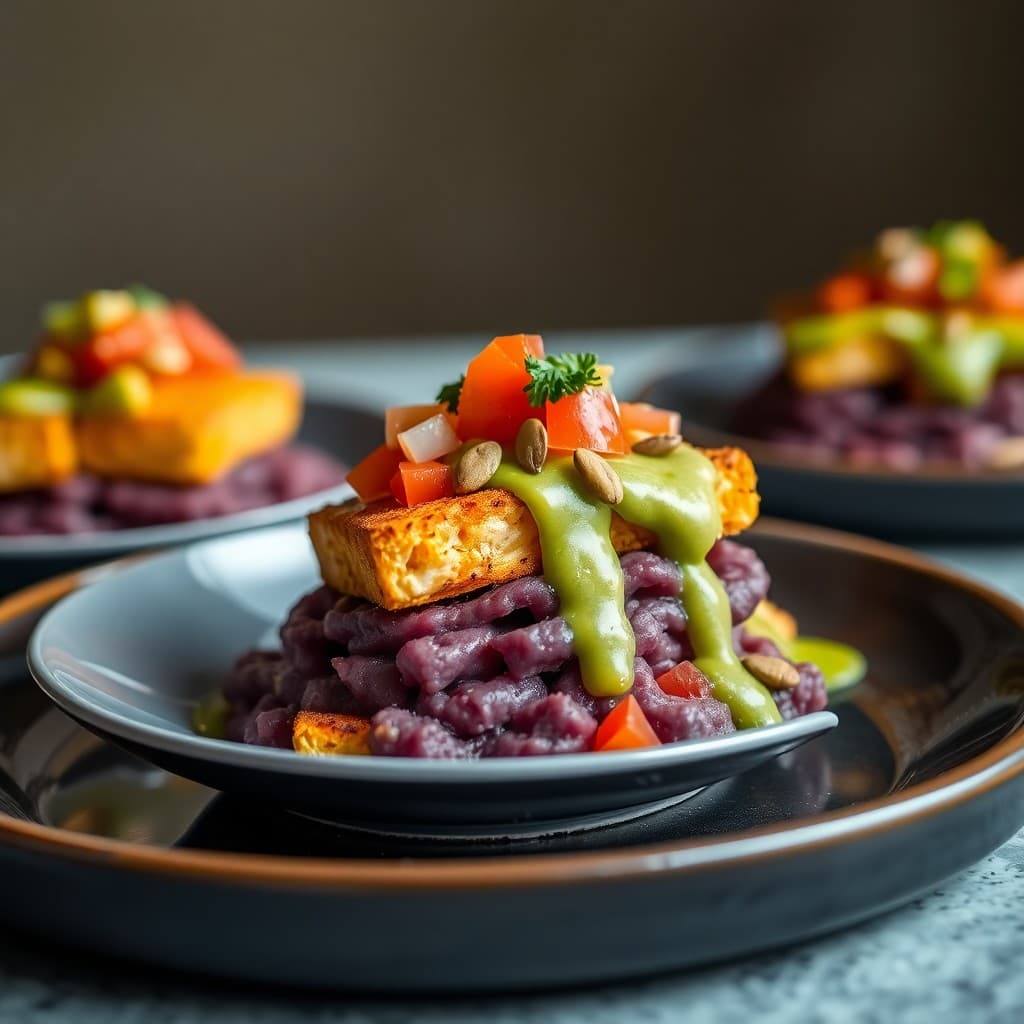 Peruvian Crispy Tofu & Purple Potato Causa with Avocado-Cilantro Emulsion