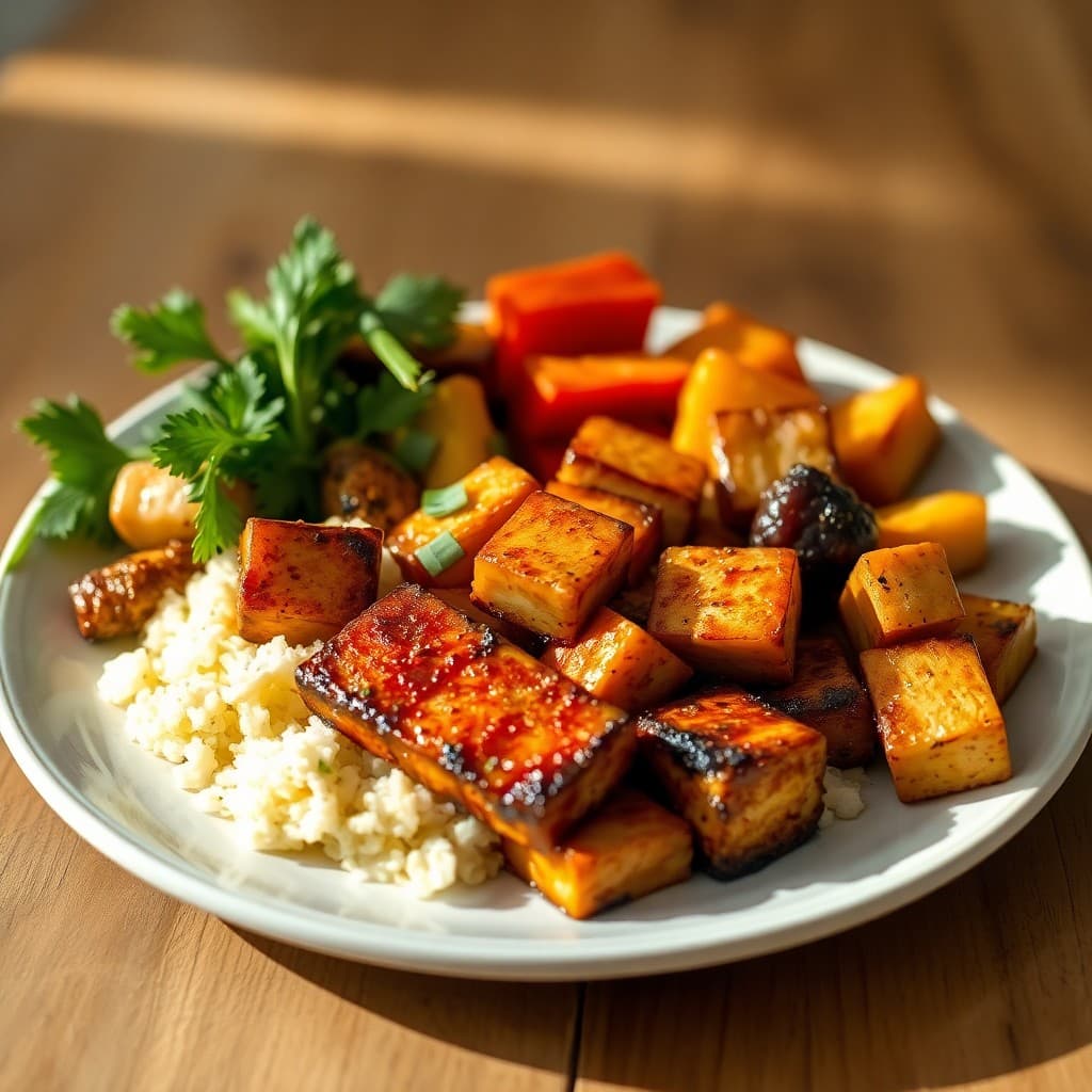 Seared Ginger Garlic Tofu with Roasted Veggie Medley