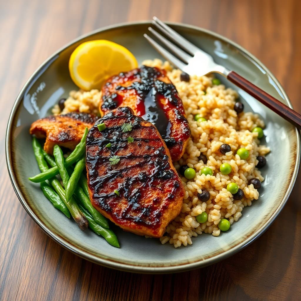 Japanese Miso-Glazed Seitan with Charred Shiitake & Millet Pilaf