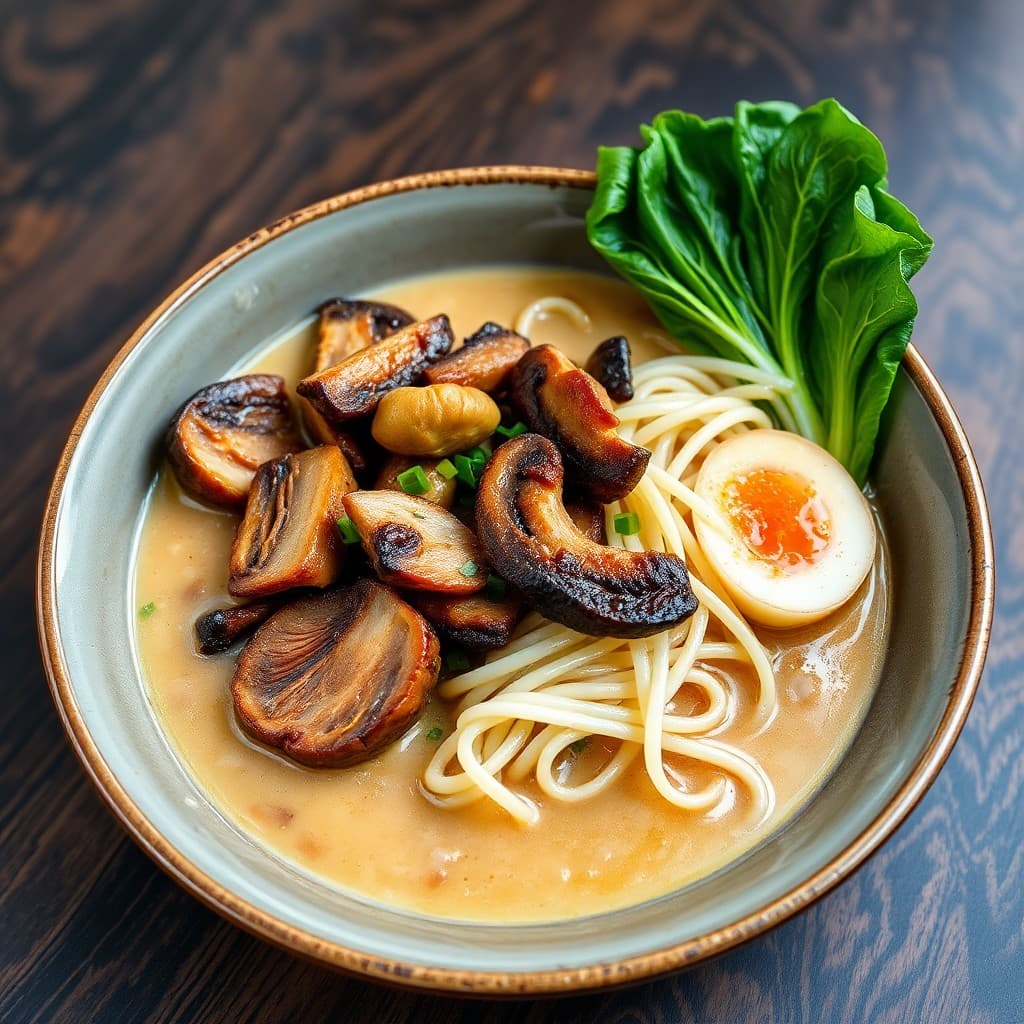 Crispy Seitan & Miso-Glazed Mushroom Ramen with Charred Bok Choy