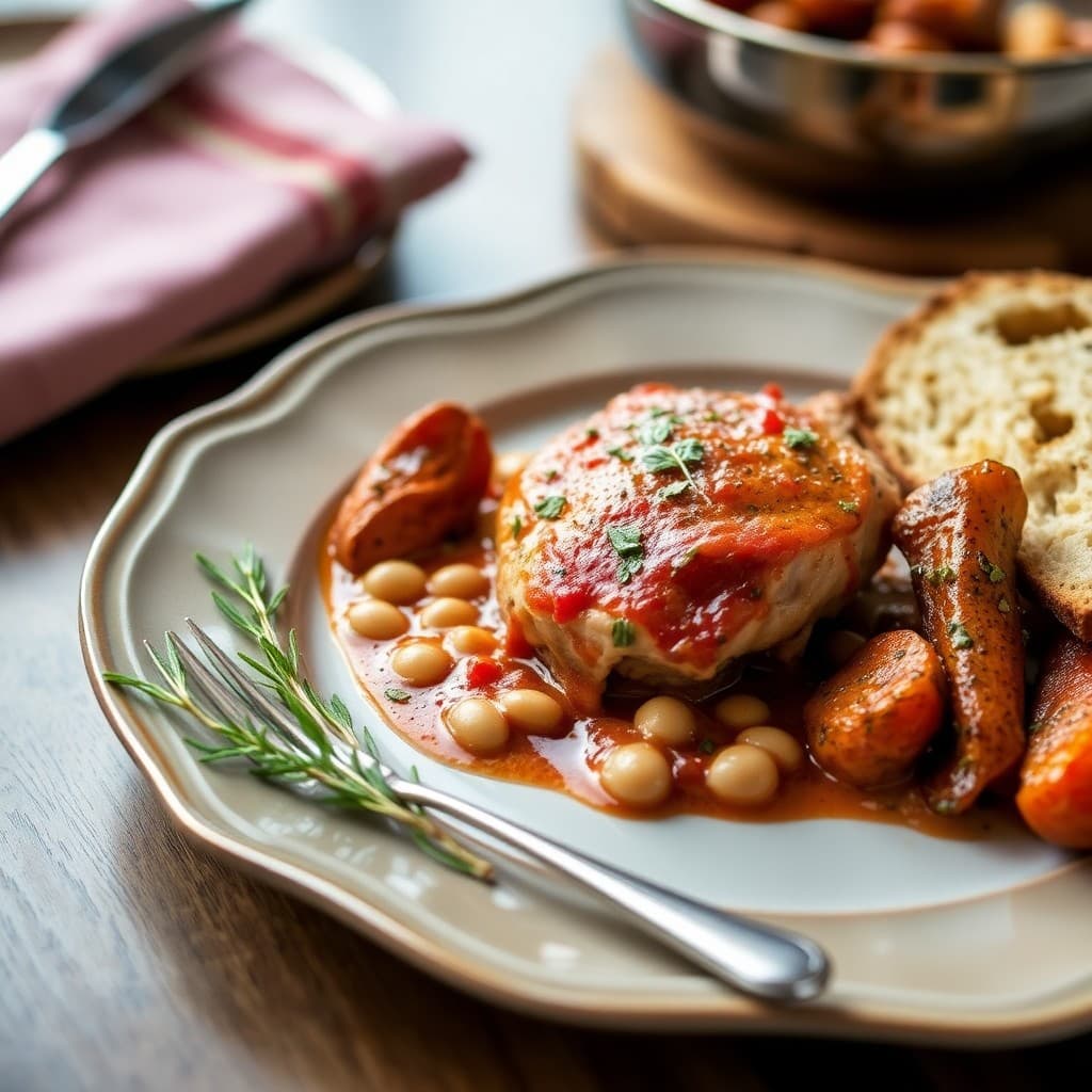 Provençal Braised Chicken with White Bean Cassoulet & Roasted Root Vegetables